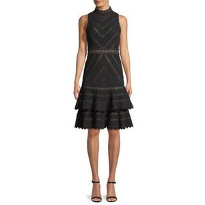 Alice + Olivia Black Lace Tiered Midi Dress
